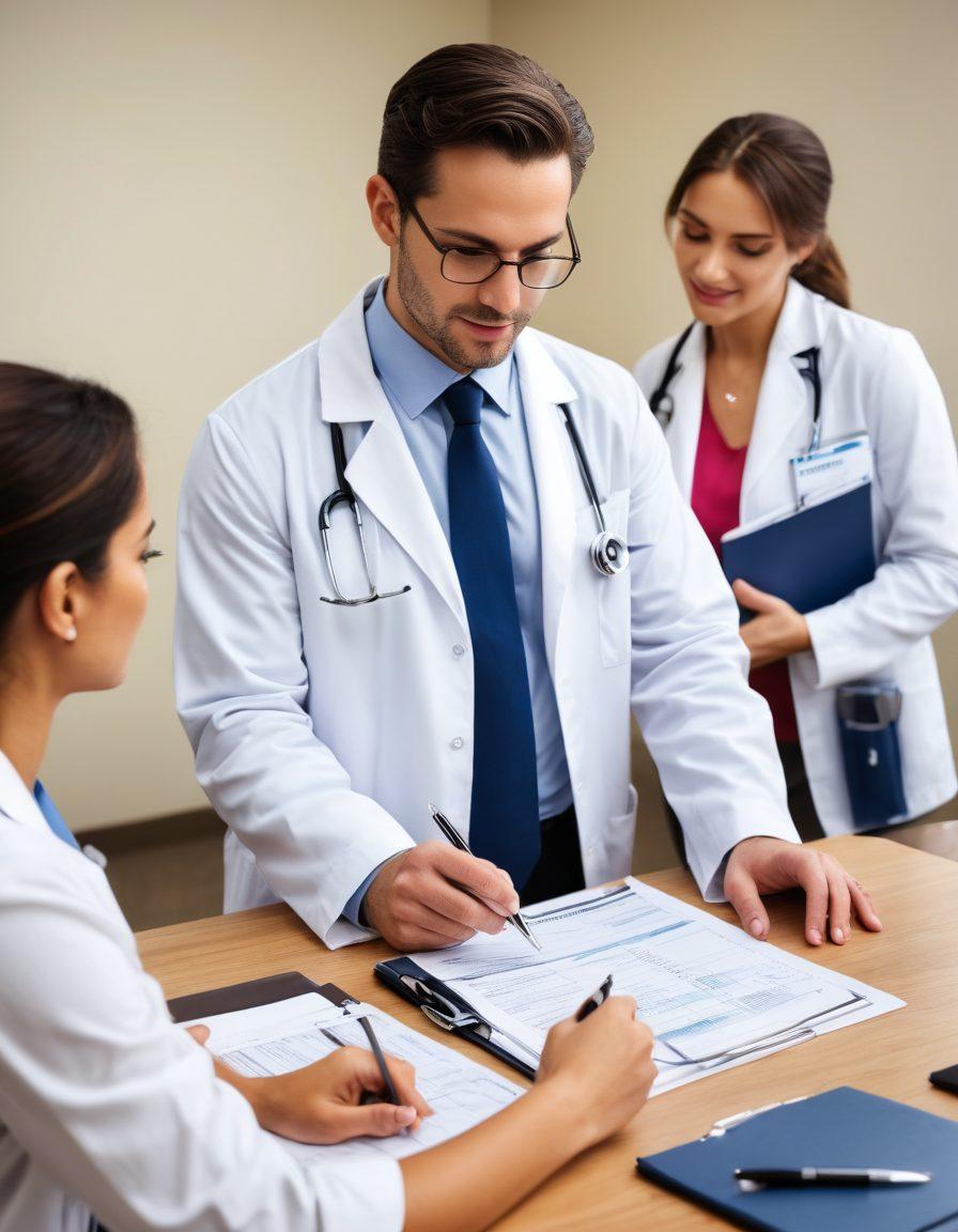 A detailed scene showcasing a professional medical office in New Jersey, with a diverse group of individuals consulting with a friendly doctor and a legal advisor. Include elements like a stethoscope, medical charts, and legal documents, along with New Jersey landmarks subtly in the background. The atmosphere should be warm and inviting, emphasizing trust and support. super-realistic. vibrant colors. white background.