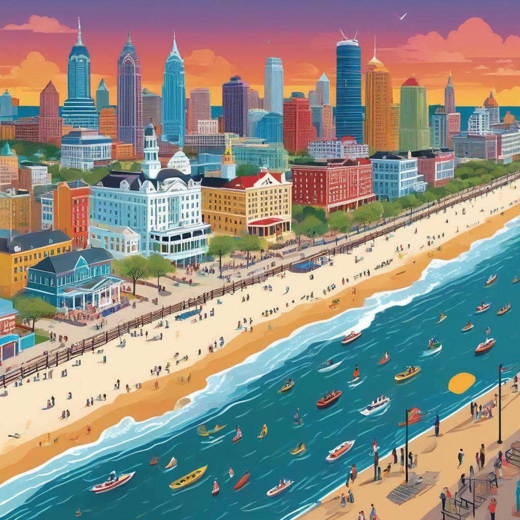 An illustrated map of New Jersey highlighting various healthcare facilities with icons representing different types of doctors. Include a diverse group of patients discussing medical forms and legal documents at the forefront, symbolizing informed choices. The background should feature iconic New Jersey landmarks to emphasize the location. Use bright colors and whimsical details to create an engaging atmosphere. vector art. vibrant colors.