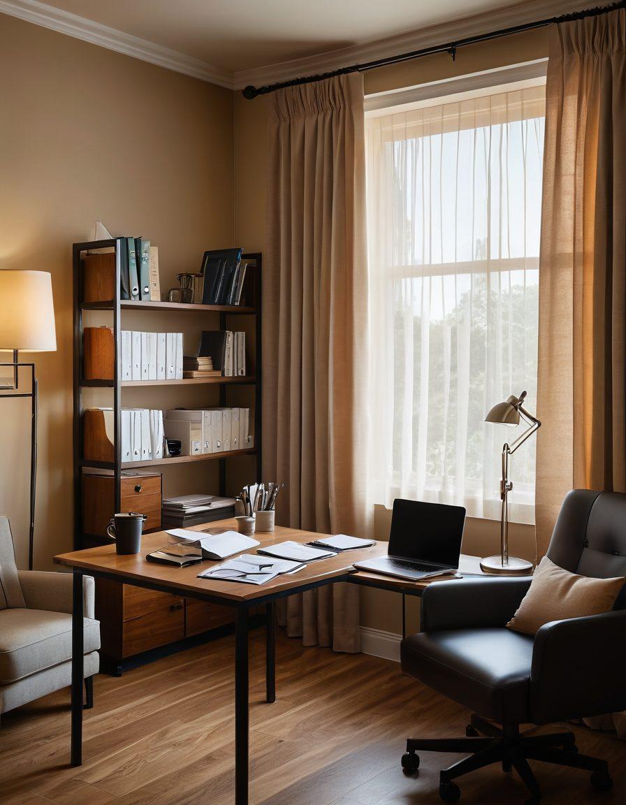 An inviting study room filled with neatly stacked legal documentation and medical folders, showcasing a laptop open to a website about legal resources. A soft light filters through a window draped with sheer curtains, casting a warm glow. Include a comforting armchair and a coffee cup on a side table to suggest accessibility and support. The setting should feel professional yet welcoming, reflecting a blend of law and healthcare. super-realistic. warm tones. cozy atmosphere.